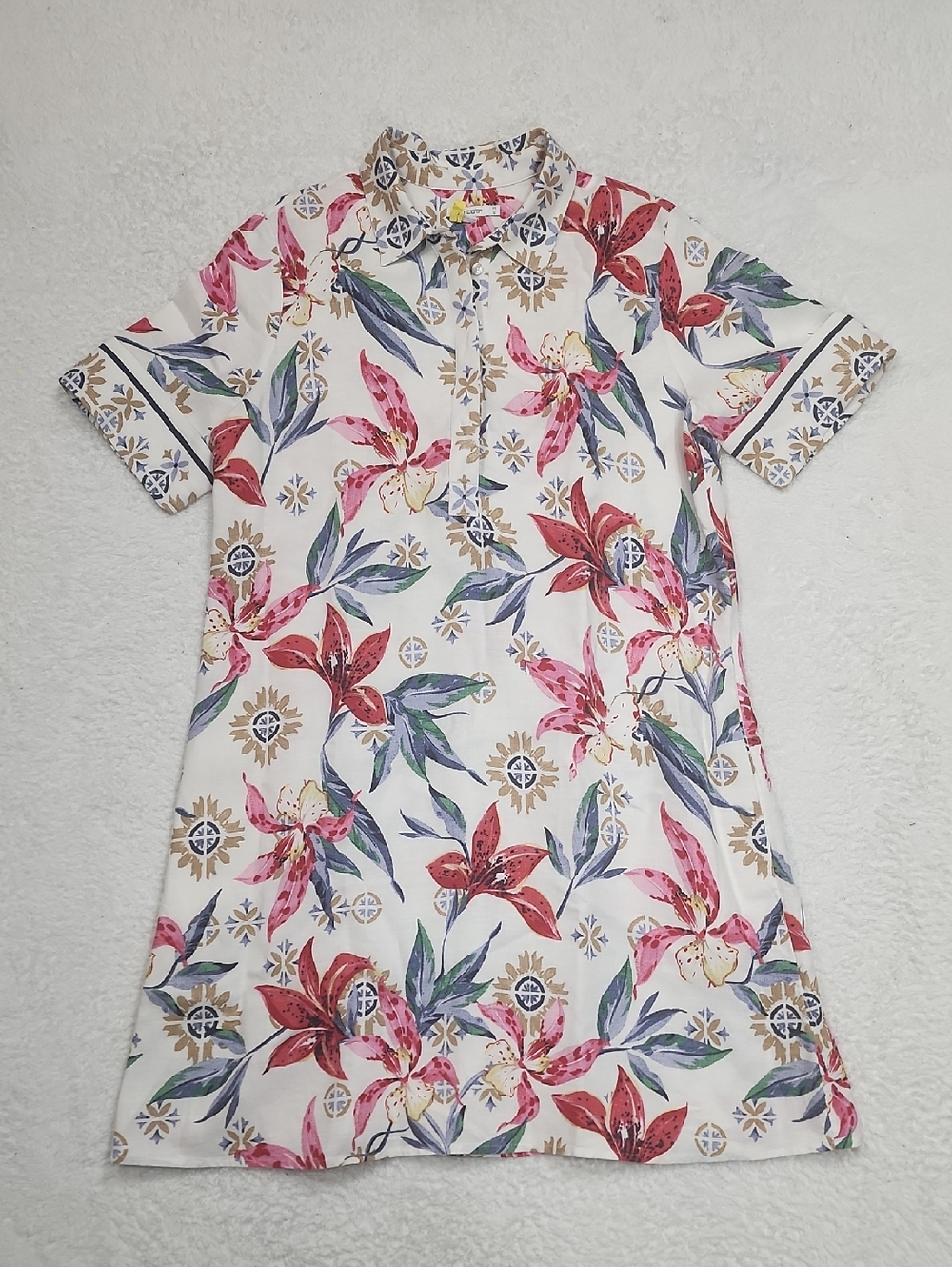 Chico's Short Sleeve Floral Medallion Print Linen Shirt Dress With Pockets